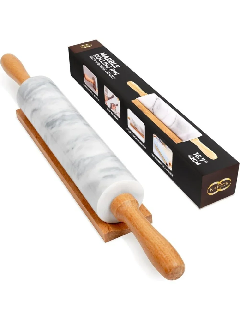 16.7” Marble Rolling Pin with Wooden Handles & Cradle - Perfect for Pizza